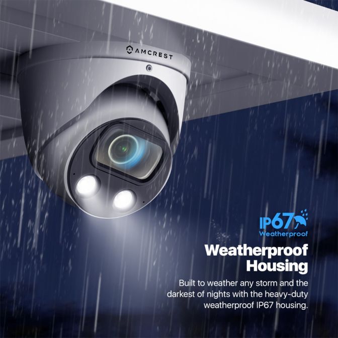 IP66 weatherproof security camera with night vision and motion detection, shown in rainy conditions.