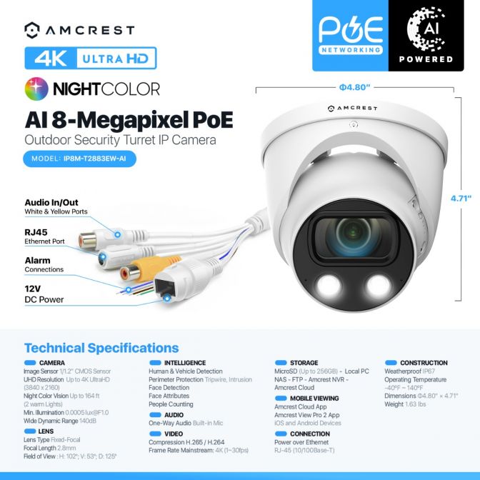 AI 8-Megapixel PoE security camera with 4K UHD and night color features.