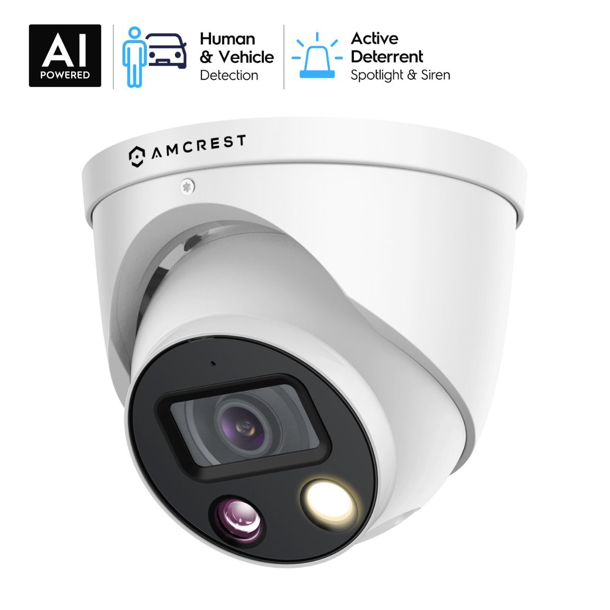 White dome security camera with AI human and vehicle detection.