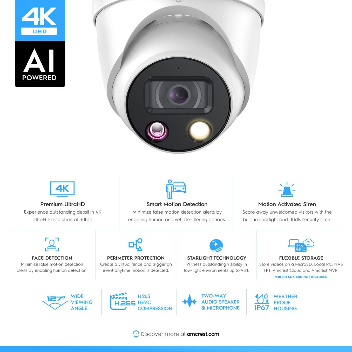 4K AI security camera with infrared and night vision features.