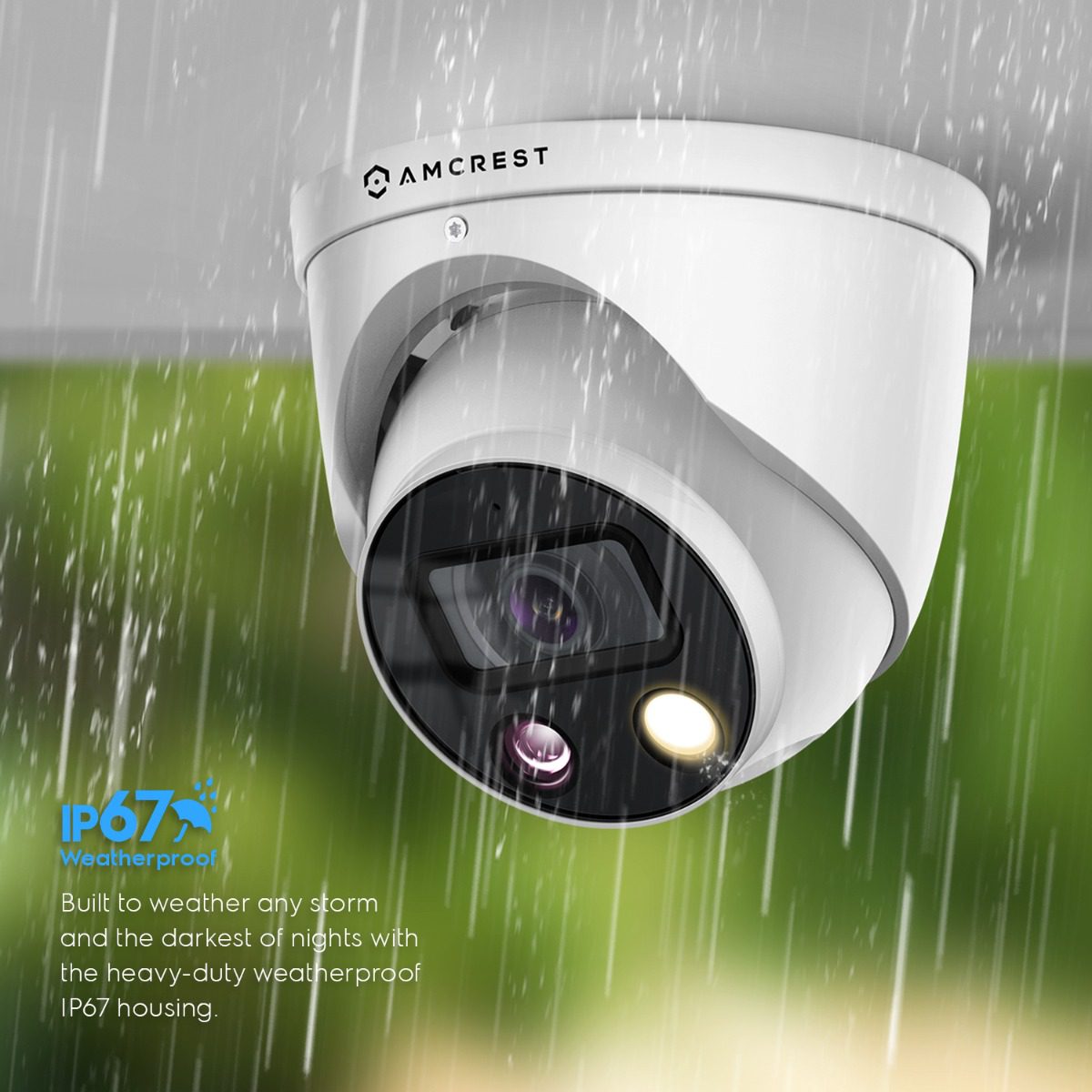 White security camera mounted outdoors in the rain.