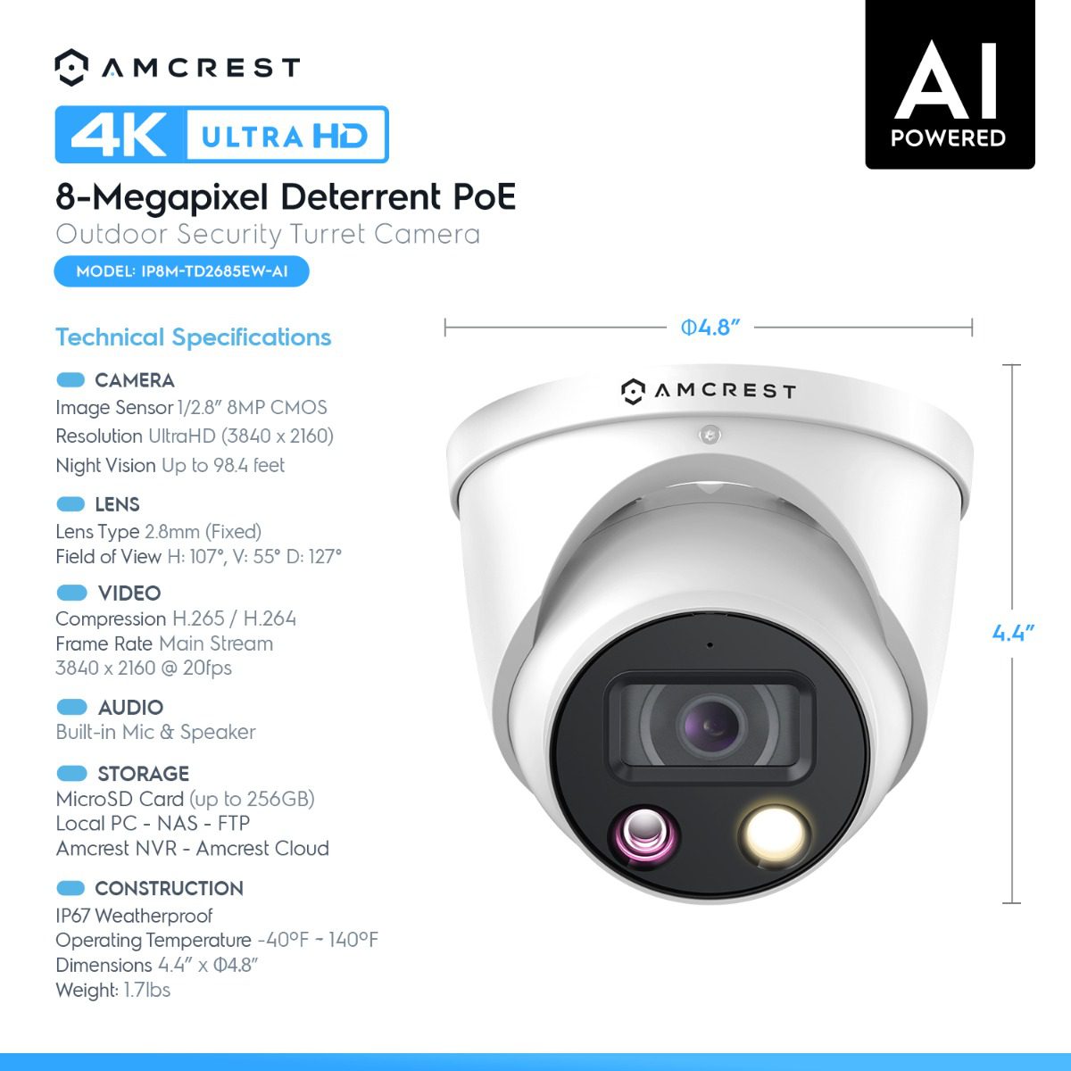 Amcrest 4K 8-Megapixel Dome Security Camera with AI enhancements.