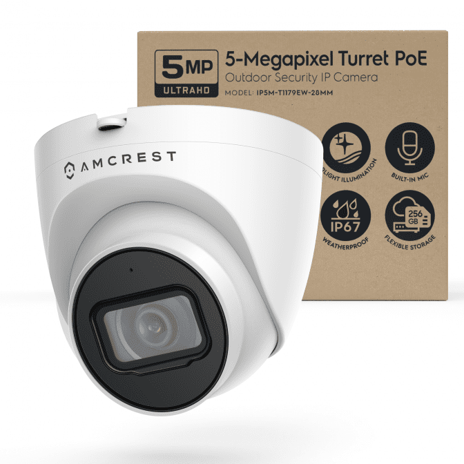 5MP outdoor security camera with PoE and night vision capabilities.