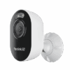 A white and black outdoor security camera mounted on a wall bracket.
