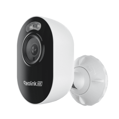 A white and black outdoor security camera mounted on a wall bracket.