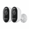 Two black and white wireless security cameras with wall mounts.