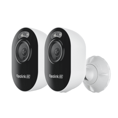 Two black and white wireless security cameras with wall mounts.
