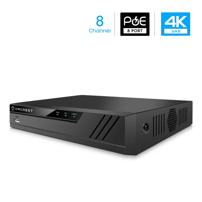 Black 8-channel 4K digital video recorder for security surveillance.