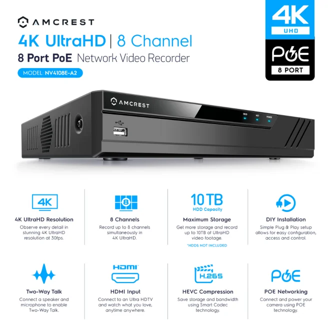 Amcrest 4K 8 Channel 8 Port PoE Network Video Recorder for high-quality surveillance.