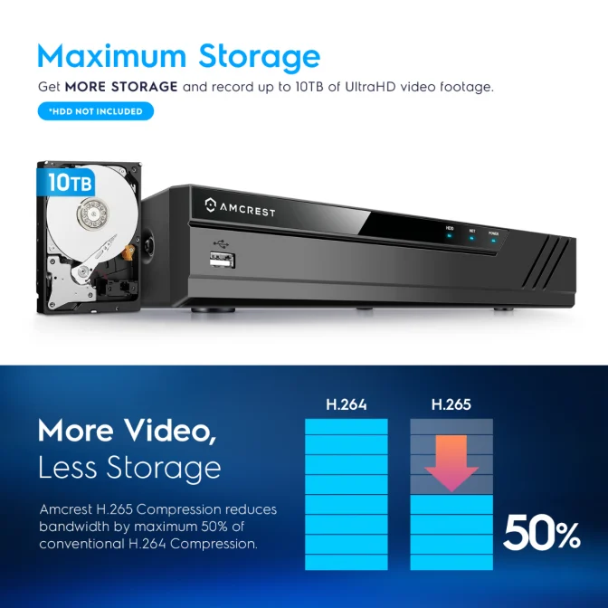 Network storage device with 10TB hard drive for efficient video storage.
