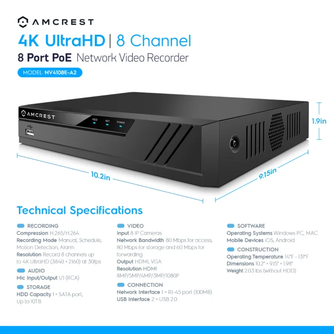 8-channel 4K Ultra HD network video recorder with 8-port PoE switch.