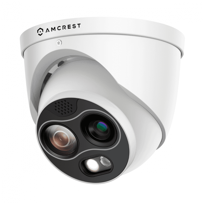 Dome security camera with dual lenses and night vision.